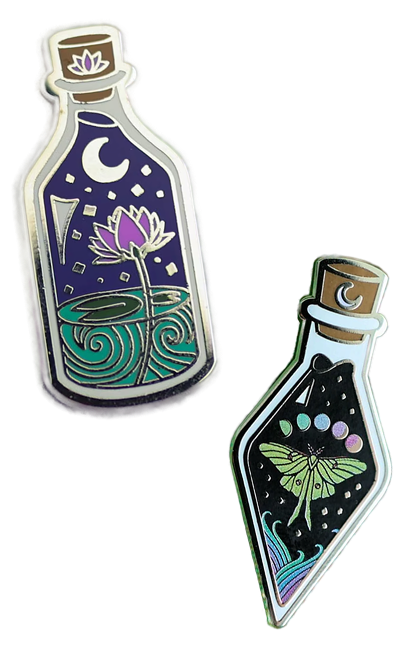 Bottles and enamel pins